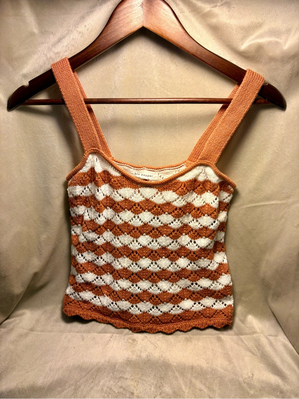 Blu Pepper Orange & Cream Crochet Knit Camisole Boho Festival Cottagecore Small